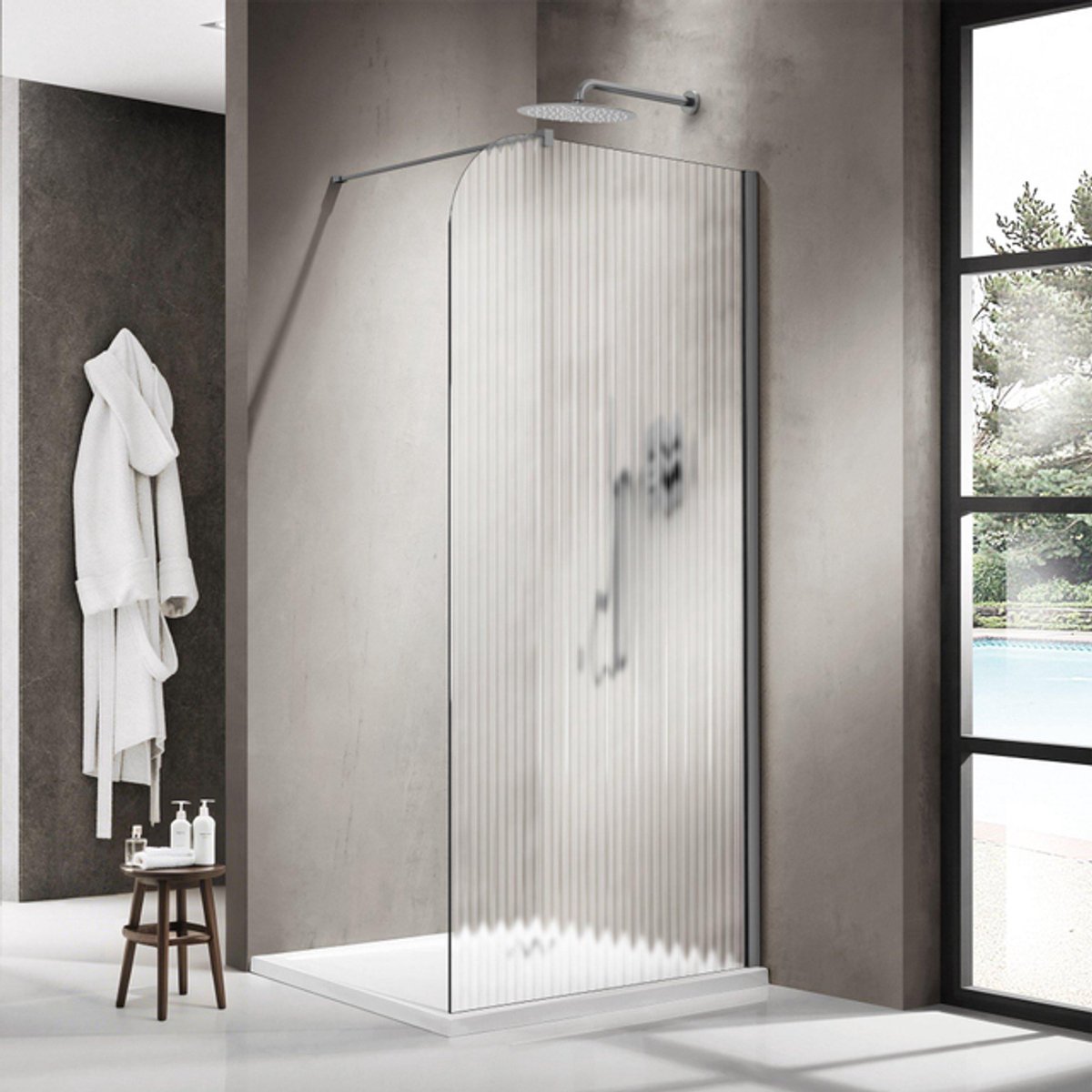 FugaFlow Eccelente Vetro Inloopdouche - 140x200cm - afgeronde glaswand - rechts - ribbel glas - wandarm - geborsteld gunmetal PVD