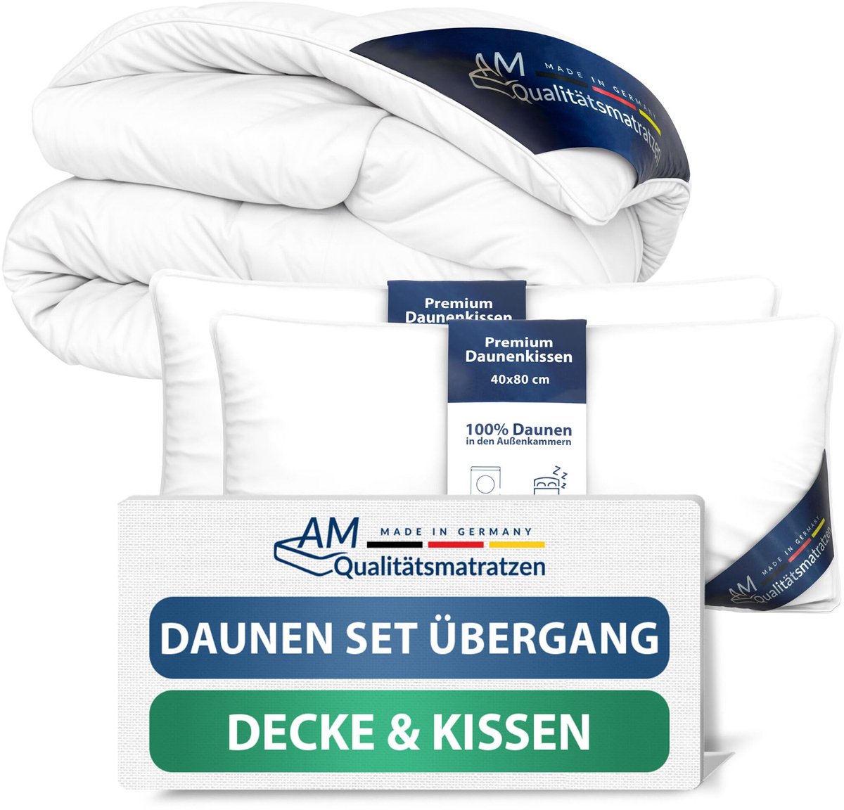 AM Qualitätsmatratzen Premium Donzen All-Season Dekbed 200x200 Set met Kussen 40x80 - Made in Germany & OEKO-TEX gecertificeerd & Allergievriendelijk Donzen Dekbed en Kussenset 200x200 met Donzen Vulling