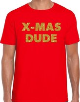 Foute Kerst t-shirt - X-mas dude - gouden glitter letters / rood voor heren - kerstkleding / Christmas outfit S (48)