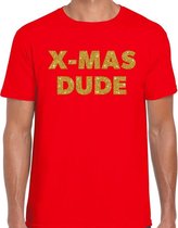 Foute Kerst t-shirt - X-mas dude - gouden glitter letters / rood voor heren - kerstkleding / Christmas outfit XL (54)