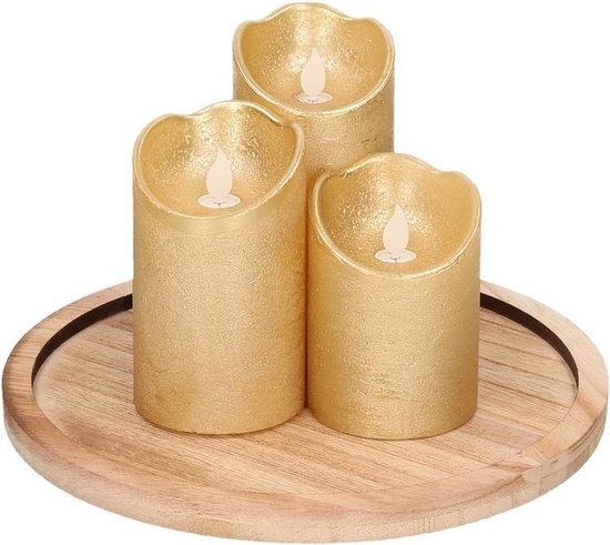 Kaarsenonderbord/plateau hout rond met 3x LED kaarsen goud -... | bol.com