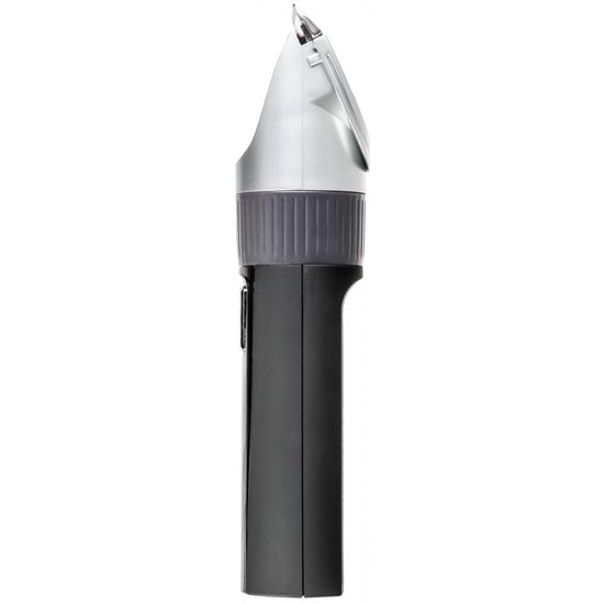 Zij-aanzicht van een zwarte Remington tondeuse met zilverkleurige kop.