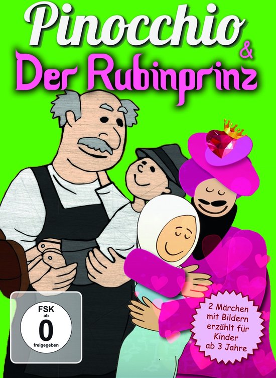 Cover van Pinocchio & Der Rubinprinz met Geppetto die twee kinderen omhelst, één in een roze prinsessenjurk.