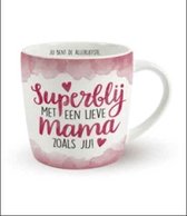 Moederdag - Enjoy Mok - Superblij met een lieve Mama zoals jij - Gevuld met een dropmix - In cadeauverpakking met gekleurd lint