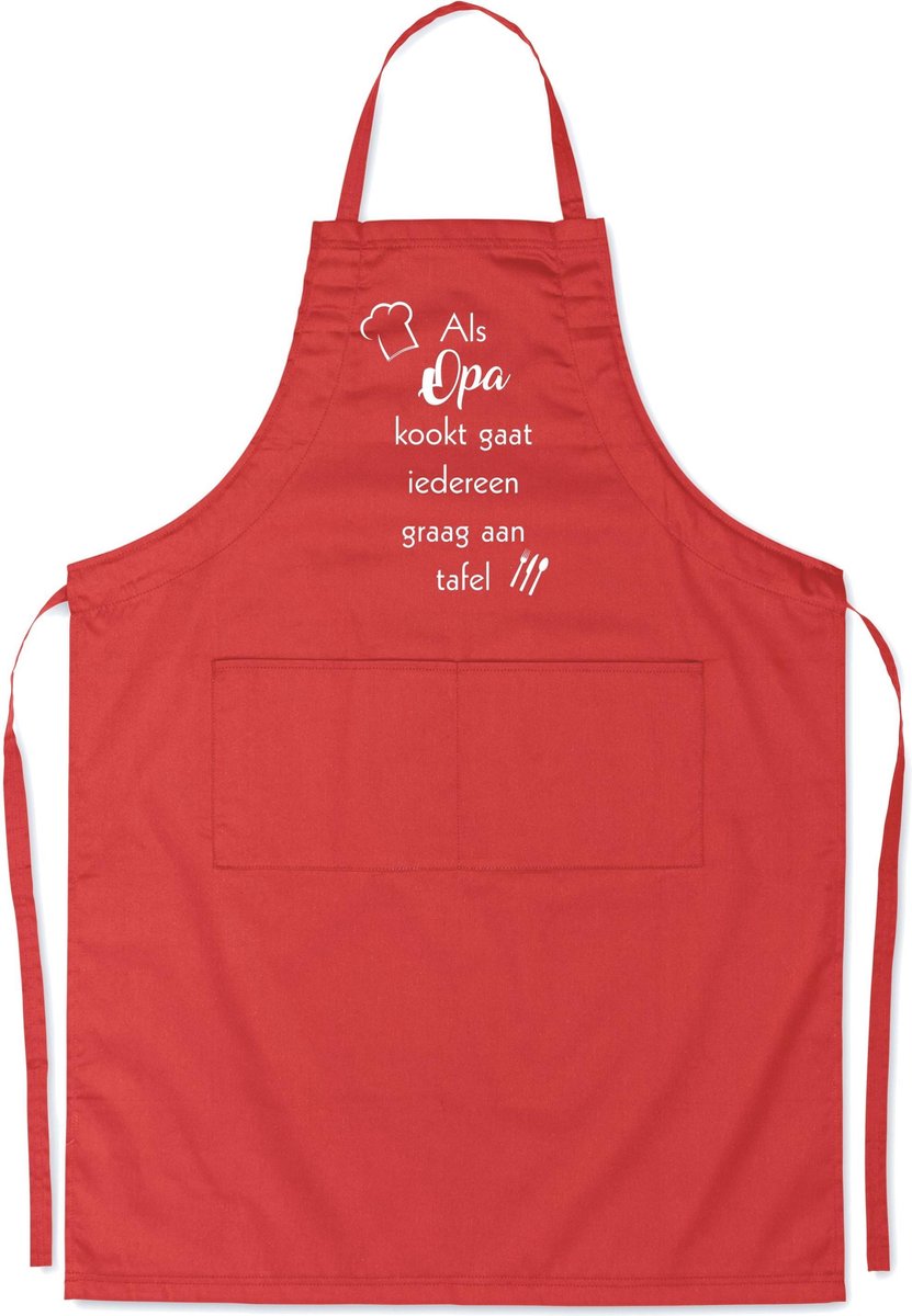 mijncadeautje - luxe schort - rood - Als opa kookt, gaat iedereen graag aan tafel - opdruk wit
