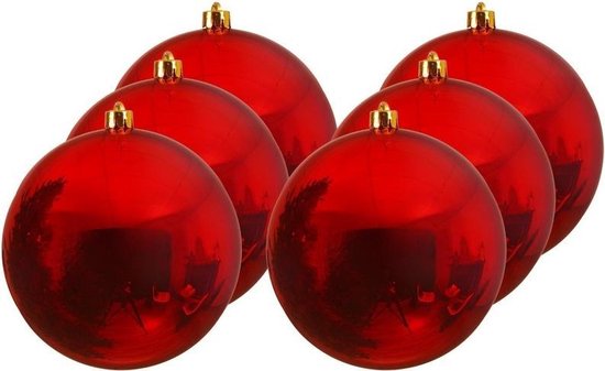 6x Grote kerst rode kunststof kerstballen van 20 cm - glans - rode kerstboom versiering