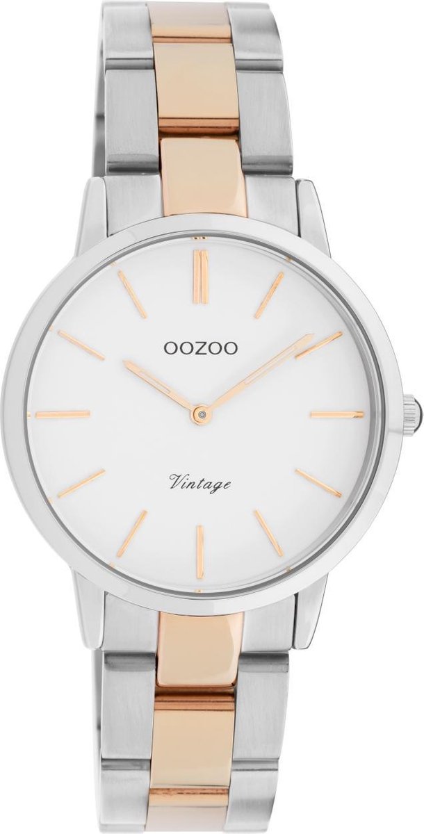 OOZOO Vintage series - zilverkleurige horloge met zilverkleurige-rosé goudkleurige roestvrijstalen armband - C20045 - Ø34