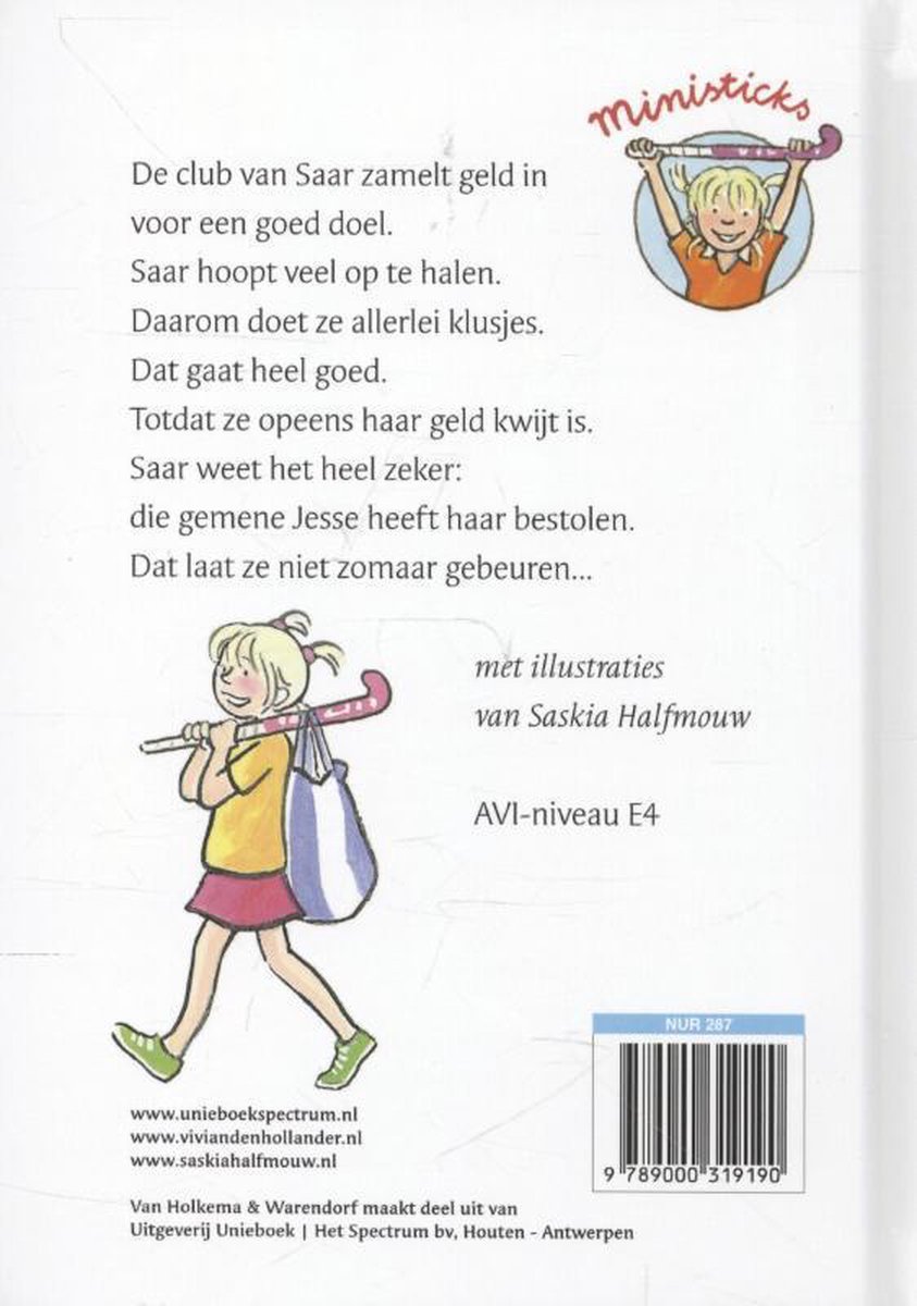 Achterkant van een boek met illustratie van een lopend hockeymeisje, titel en barcode.
