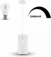 Moderne witte design hanglamp inclusief dimbare filament LED lamp van 800 Lumen in 2200K = extra warm witte lichtkleur.