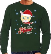 Foute Kersttrui / sweater - Merry Miauw Christmas - kat / poes - groen voor heren - kerstkleding / kerst outfit S (48)