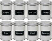 8x Boîtes de rangement rondes argentées / boîtes de rangement avec étiquettes / étiquettes inscriptibles 13 cm - Boîtes de rangement pour café / thé / sucre - Conteneurs de stockage - Organiser le garde-manger