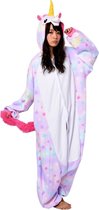 KIMU Onesie eenhoorn pak sterren unicorn - maat 110-116 - kind kostuum paars lila pastel eenhoornpak jumpsuit pyjama