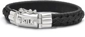 SILK Jewellery - Zilveren Armband - Weave - 742BLK.23 - zwart leer - Maat 23