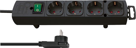 Comfort-Line Plus stekkerdoos met platte stekker 4-voudig zwart 2m H05VV-F 3G1,5