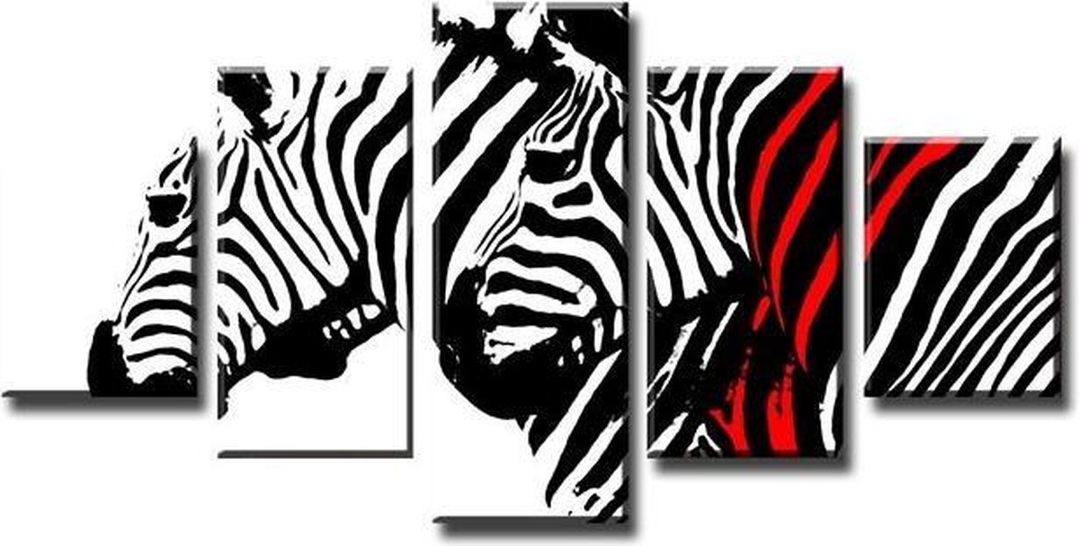 karo-art Schilderij - Zebra, Zwart-Wit/Rood, 160X80cm, 5luik Multikleur