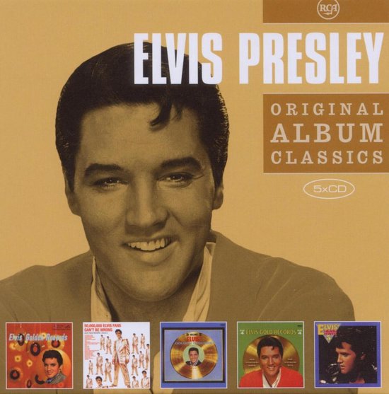 Close-up van Elvis Presley met onderaan 5 miniatuuralbumhoezen.