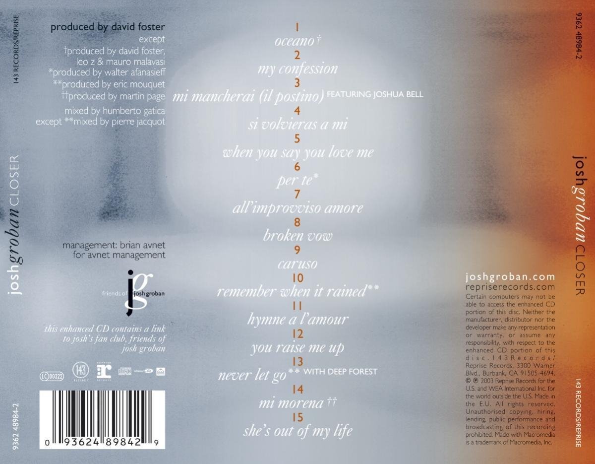 Closer Tour Edition, Josh Groban CD (album) Muziek