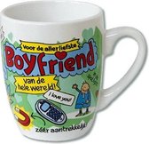 Verjaardag - Cartoon Mok - Voor de allerliefste boyfriend van de wereld - Gevuld met een toffeemix - In cadeauverpakking met gekleurd krullint
