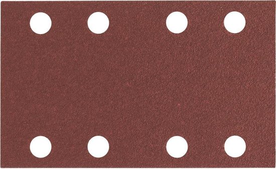 Rood schuurpapier met acht witte gaten voor stofafzuiging.