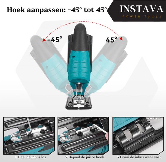 Demonstratie van hoekaanpassing (-45° tot 45°) van de turquoise en zwarte Instava decoupeerzaag, met stappen voor het aanpassen van de voet.