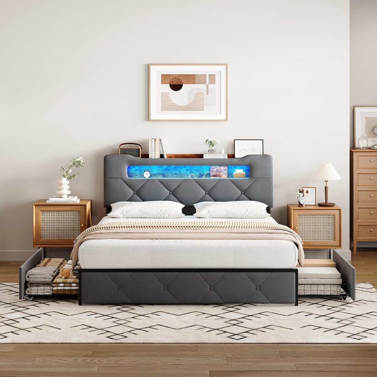 Gestoffeerd Bed - Tweepersoonsbed Opbergruimte - Slaapkamer Inrichten - Geïntegreerd LED Hoofdeinde - 140x200 cm - Grijs