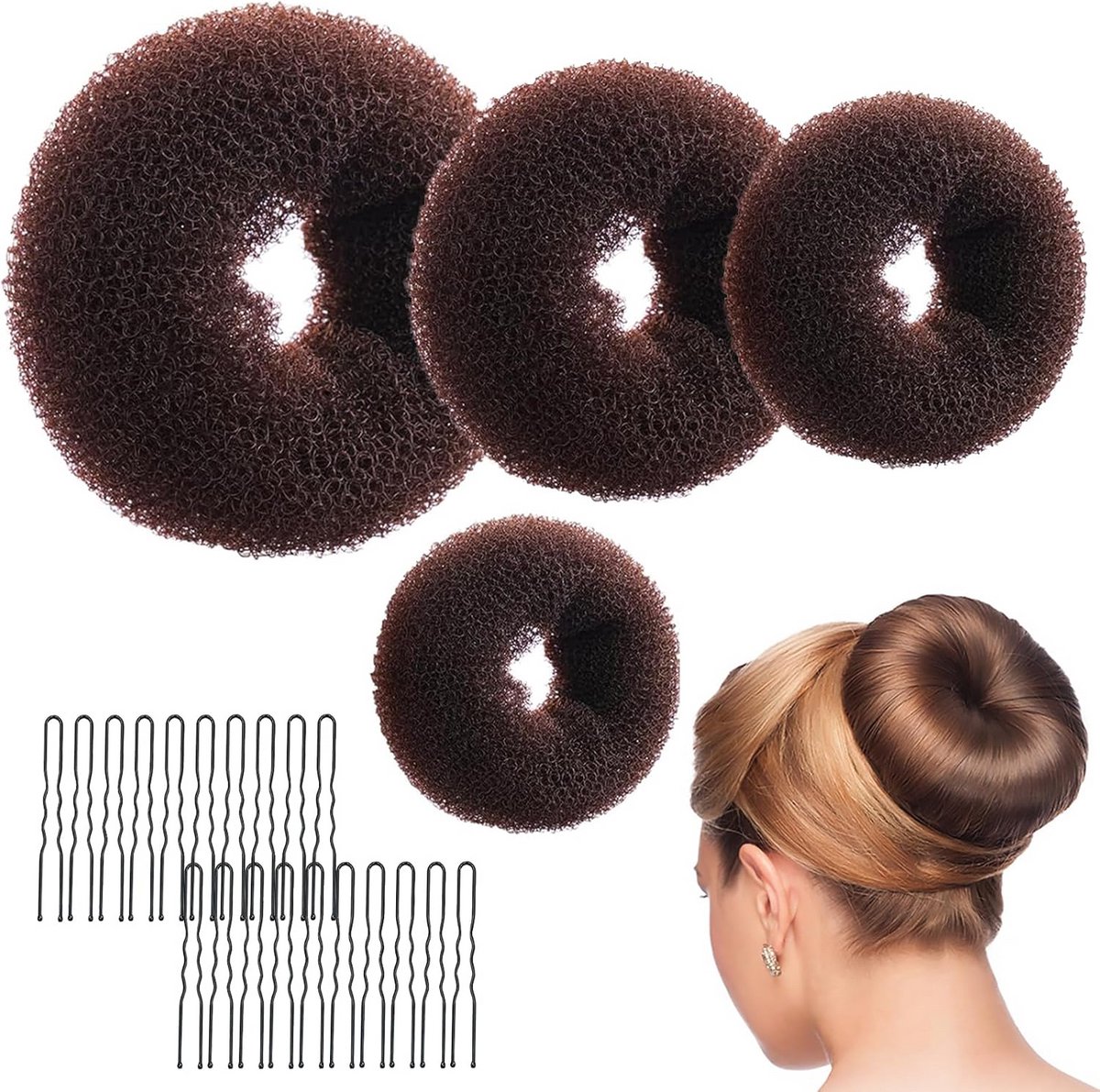 Haarstyling Set: 4 Donut Knoothulpmiddelen, Haarspelden & U-Vormige Accessoires voor Perfecte Kapsels