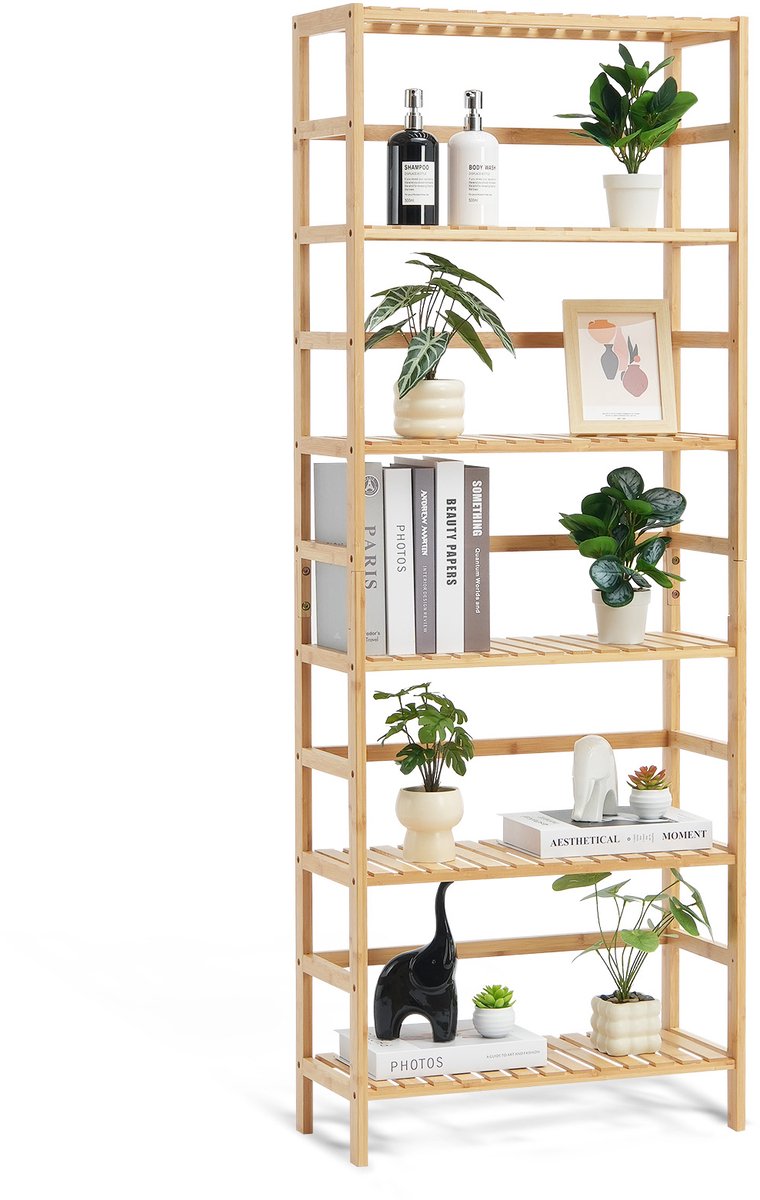 Vevor Bamboe Boekenplank Plantenstandaard Bloemenplank Opbergrek Kantoor 6 Lagen Bamboe natuurlijke kleur
