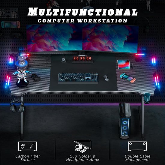 LED Gamingbureau 160 × 60 cm met Koolstofvezel Blad, Ergonomisch met Bekerhouder en Hoofdtelefoonhaak - Zwart — afbeelding 5
