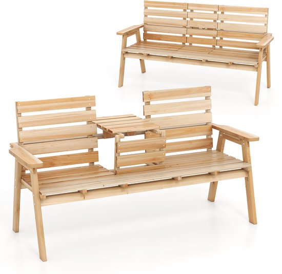 COSTWAY Banc de jardin avec table, banc en bois pour 2-3 personnes, banc d'assise avec table centrale pliable, banc de parc en bois supportant jusqu'à 320 kg, banc de terrasse pour balcon, jardin, 160 x 64 x 86 cm, naturel