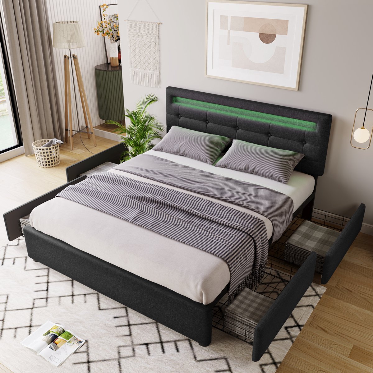 MODFU Bedframe 140x200 cm – met LED-hoofdbord en 4 ruime laden – Gestoffeerd in linnen – Zwart