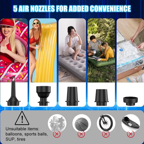 Draagbare Oplaadbare Elektrische Luchtpomp met 5 Adapters en LED Campinglamp — afbeelding 5