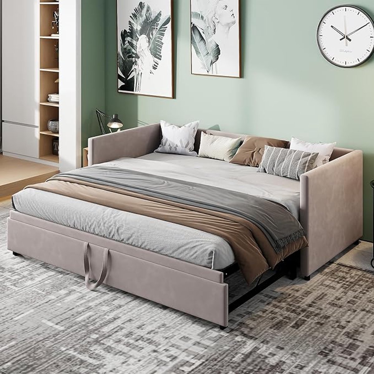 Luxe Uitschuifbare Slaapbank 90/180x200 cm – 2-Persoons Daybed met Lattenbodem, Rugleuning & Armleuningen – Multifunctionele Sofa Bed van Fluweel – Ruimtebesparend – Grijs House&Garden