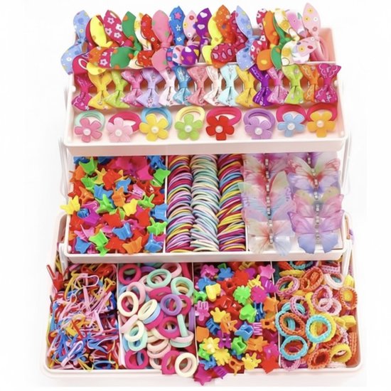 Een opbergdoos met twee niveaus, gevuld met 555 stuks kleurrijke haaraccessoires voor meisjes.