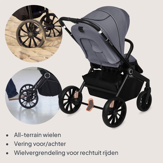Grijze kinderwagen met grote wielen en vering, detail van voor- en achterwielen.