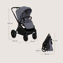 Grijze kinderwagen met afmetingen, ook opgevouwen getoond.