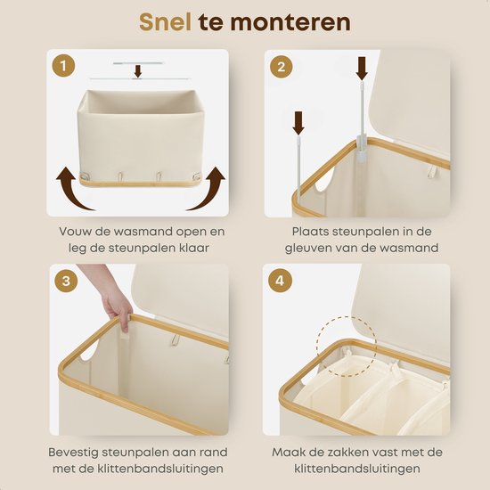 ACAZA Panier à Linge - Trieur de Linge - Panier à Linge avec Couvercle - Panier à Linge 3 Compartiments - Bamboe - 150L - Wit