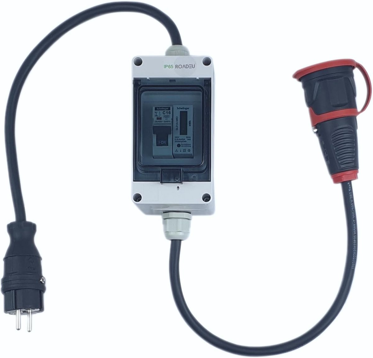 RoadEu Draagbare Schuko-Adapter met Stroommeter - 230V 16A naar Schuko-contactdoos, 1m 3x2,5mm² Rubberkabel, IP44
