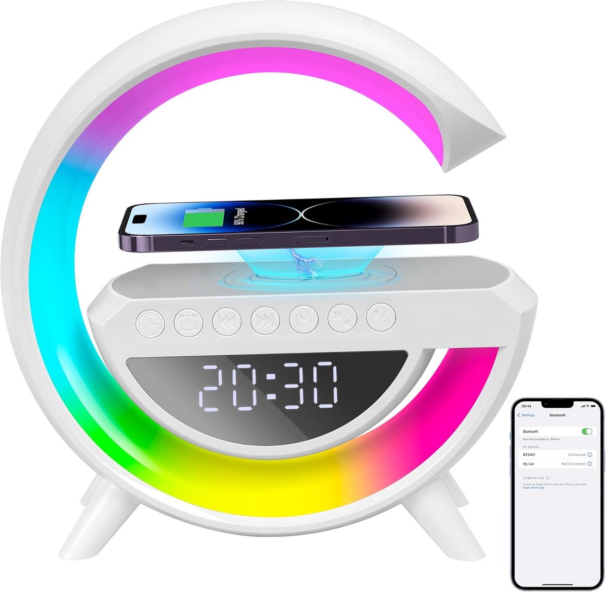 3-in-1 LED Lamp met Draadloze Oplader en Bluetooth Luidspreker - Dimbare Sfeerlamp met Muzieksynchronisatie, 15W Oplaadfunctie, Nachtlicht voor Slaapkamer - ABS+PC - 235x80x238mm