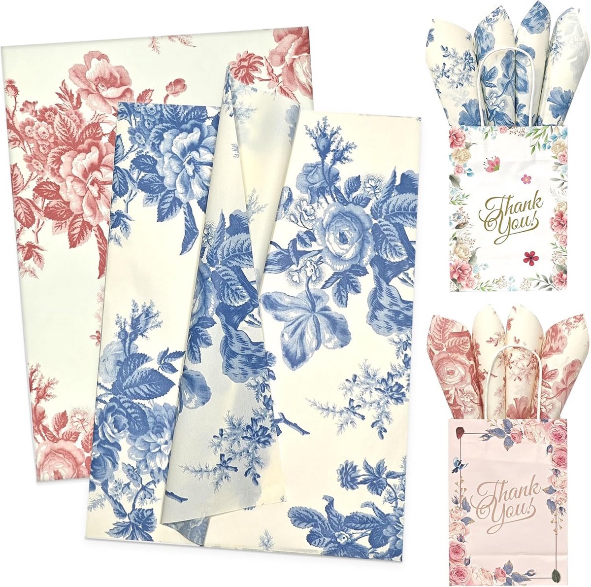 Tissuepapier met Pioen Bloemenmotief - 60 Vellen 50,8 x 35,6 cm - Vintage Bloemencadeaupapier in Blauw en Roze voor Geschenken, Bruiloften, Verjaardagen en Kerst