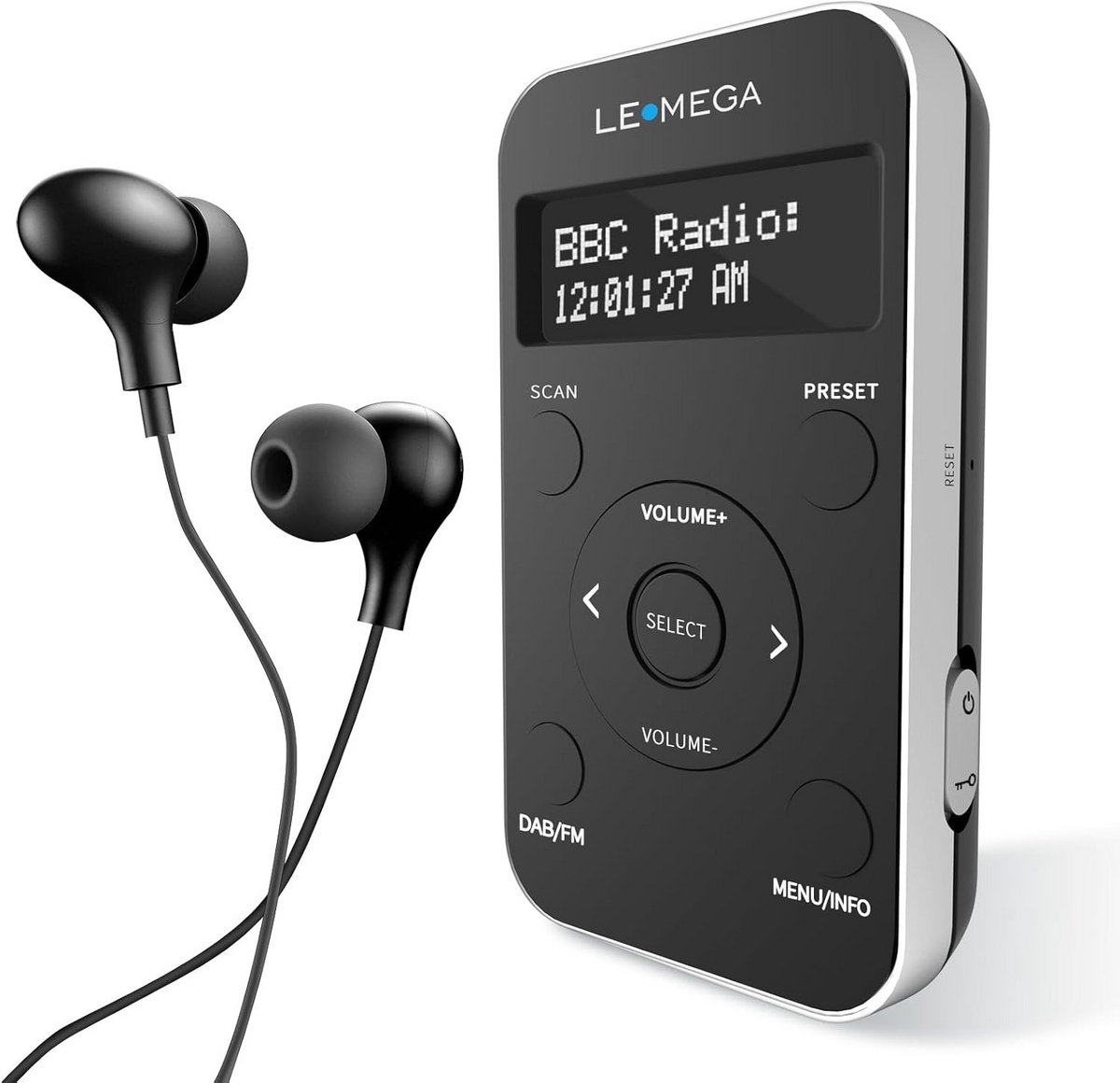 Draagbare DAB+ FM Pocket Radio met Oplaadbare Batterij, 20 Voorkeuzestations, LCD Display, 3,5mm Audio Ingang, Vergrendeling - Zwart/Zilver
