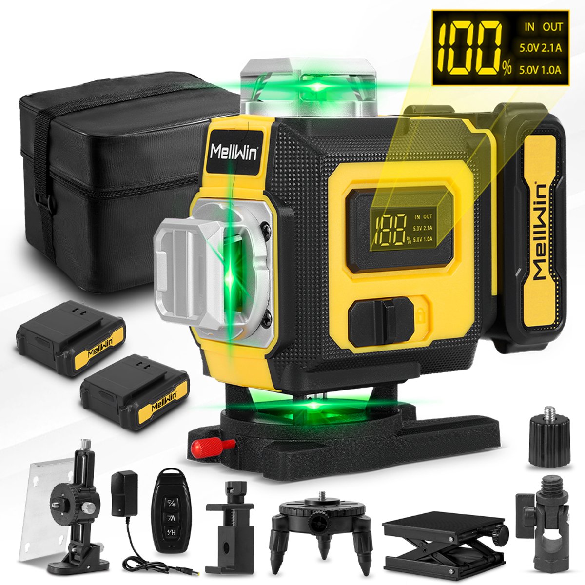 MellWin 4D 16-lijn Kruislijnlaser - Zelfnivellerende 360° Graden Groene laser - met 2* 4800 Accus - 4 x 360 graden laserwaterpas - voor binnen, bouwplaats