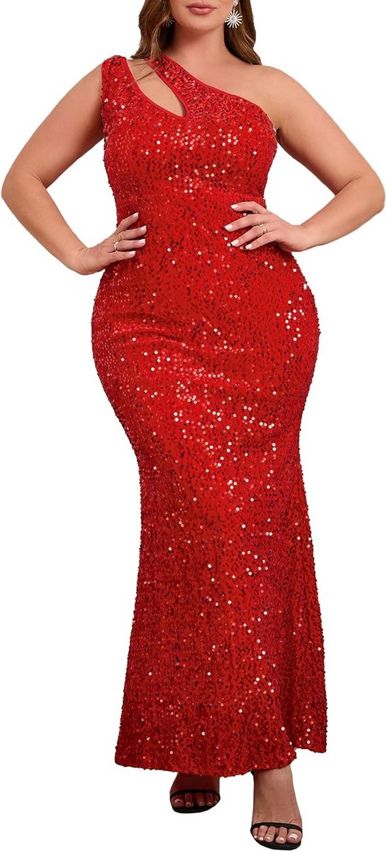 Stijlvolle Plus Size Maxi Jurk met Pailletten en Schuine Kraag