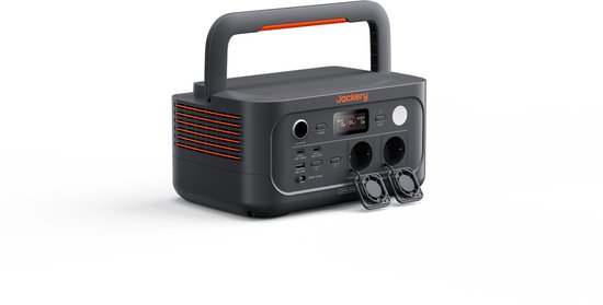 Donkergrijze Jackery Explorer 500 powerstation met oranje accenten, draaggreep en ventilatoren.