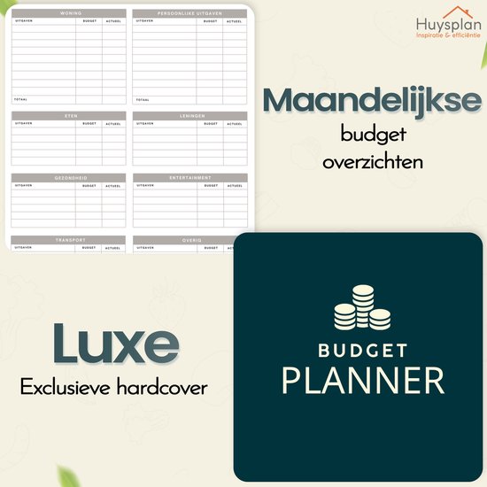 Budgetplanner 'Luxe Exclusieve hardcover' met secties voor Woning, Persoonlijke Uitgaven, Eten, Leningen, Gezondheid, Entertainment, Transport en Overig.