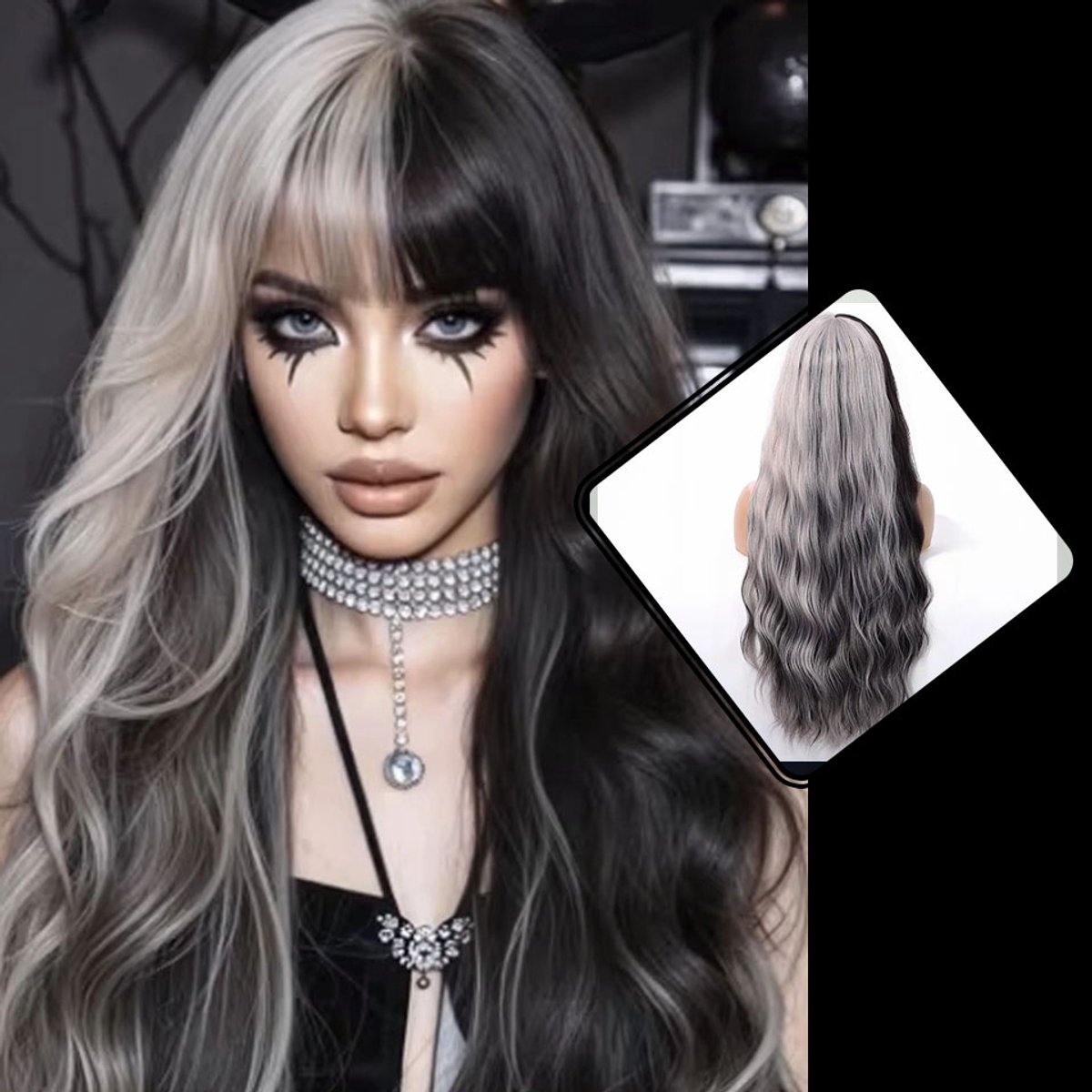 Zwarte wit pruik dames - Carnaval thema - Black wigs – Zwart witte pruik - Inclusief haarnetje en wasbaar - 65 cm