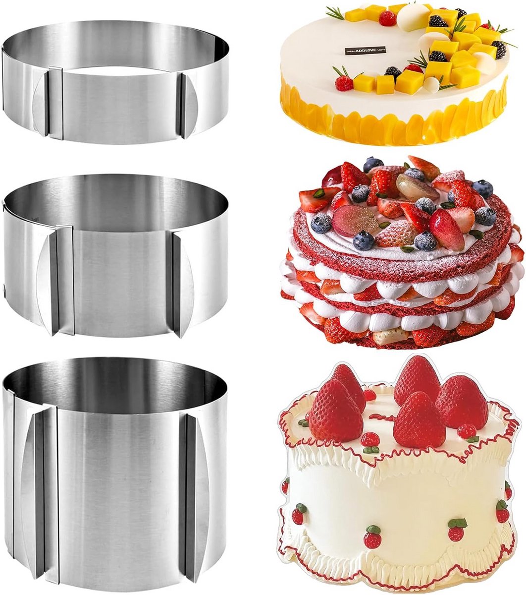 Set van 3 Verstelbare Taartringen RVS - Variabele Diameter en Hoogte