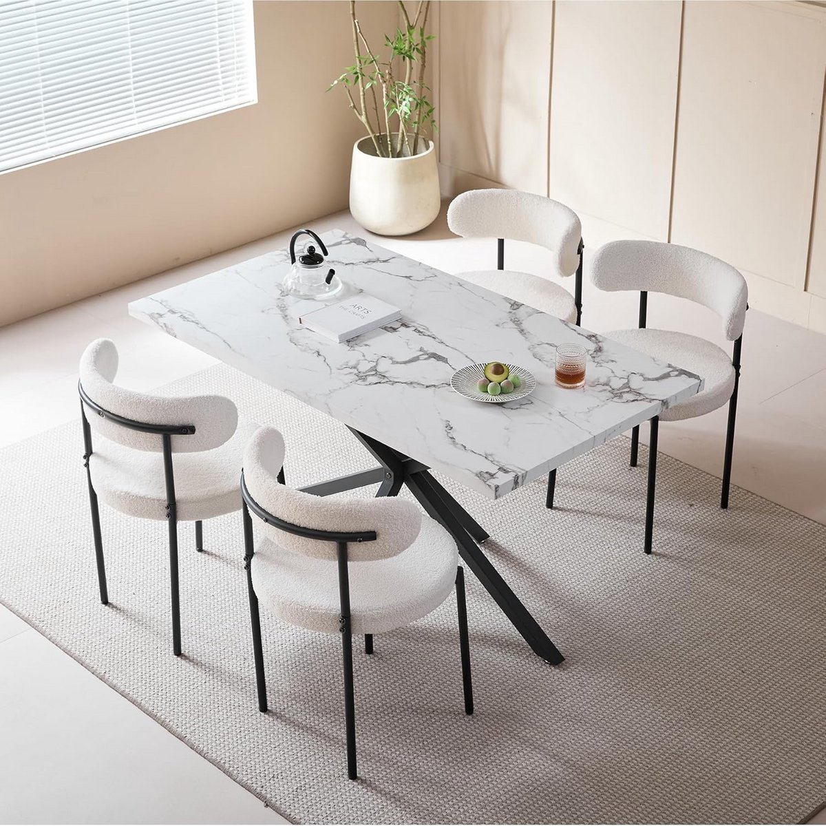 Eetkamerset 5-delig: Rechthoekige Eettafel 140 cm met 4 Comfortabele Eetkamerstoelen (Wit/