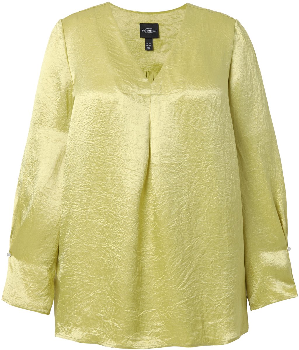 Ulla Popken - Dames - Tuniek A-lijn sierplooi V-hals lange mouwen - Limoensorbet - Maat 46+