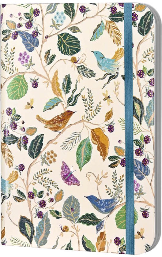 Geopend notitieboek met regels en een patroon van vogels, bessen en bladeren aan de zijkanten.