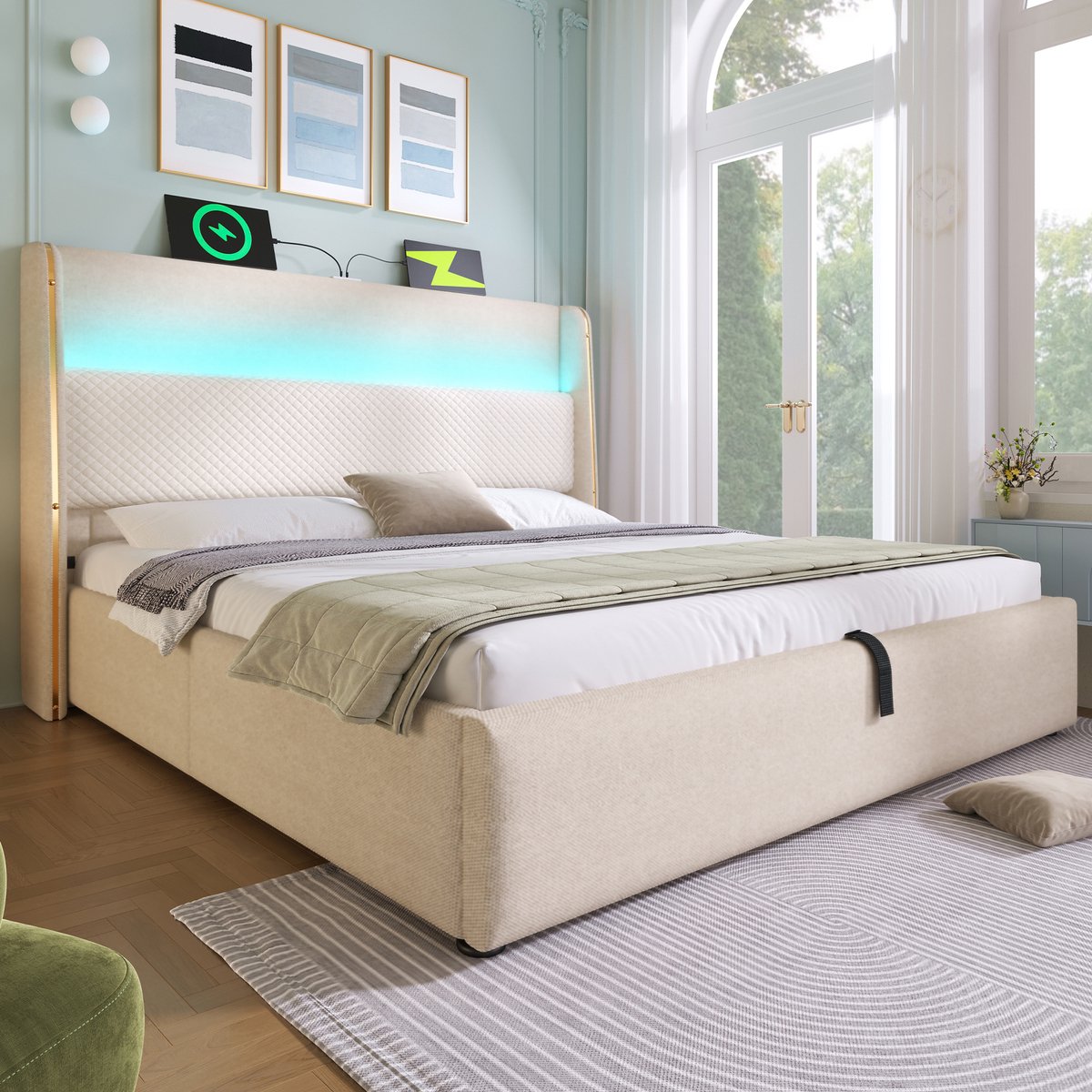 Wishdor Hydraulisch tweepersoonsbed 160x200 cm - Hoog hoofdbord, led & USB-C - Inclusief matras - Linnen - Beige - Jouw luxe tweepersoonssuite aan huis